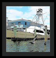Flying Pelican By The Boat - Framed Print
